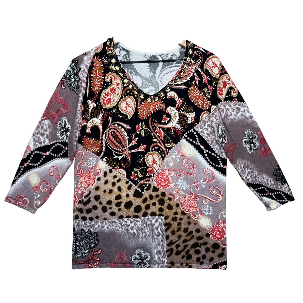 Patchwork Print‎ V Neck Blouse 3/4 Sleeve Embellished Top Boho Y2K Retro Funky